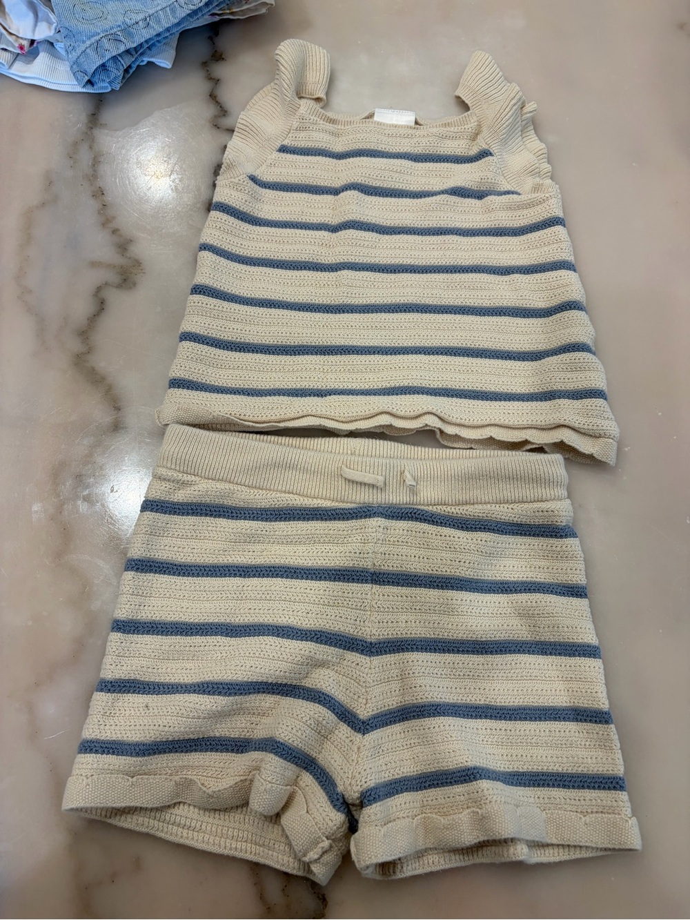 Kids Cream & Blue Striped Knit Pajama Set - Sleeveless Top & Shorts